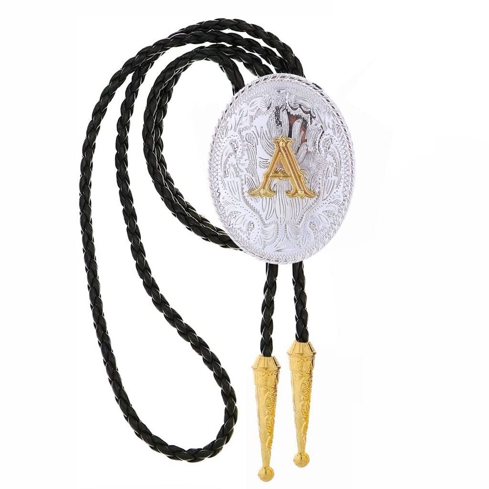 3237 Gold Bolo Tie - Golden Initial Letter ABCDMJR to Z Western Cowboy Bolo